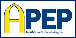 Logo with a gold A and blue P E P and blue text that spells out Augustana Prison Education Program